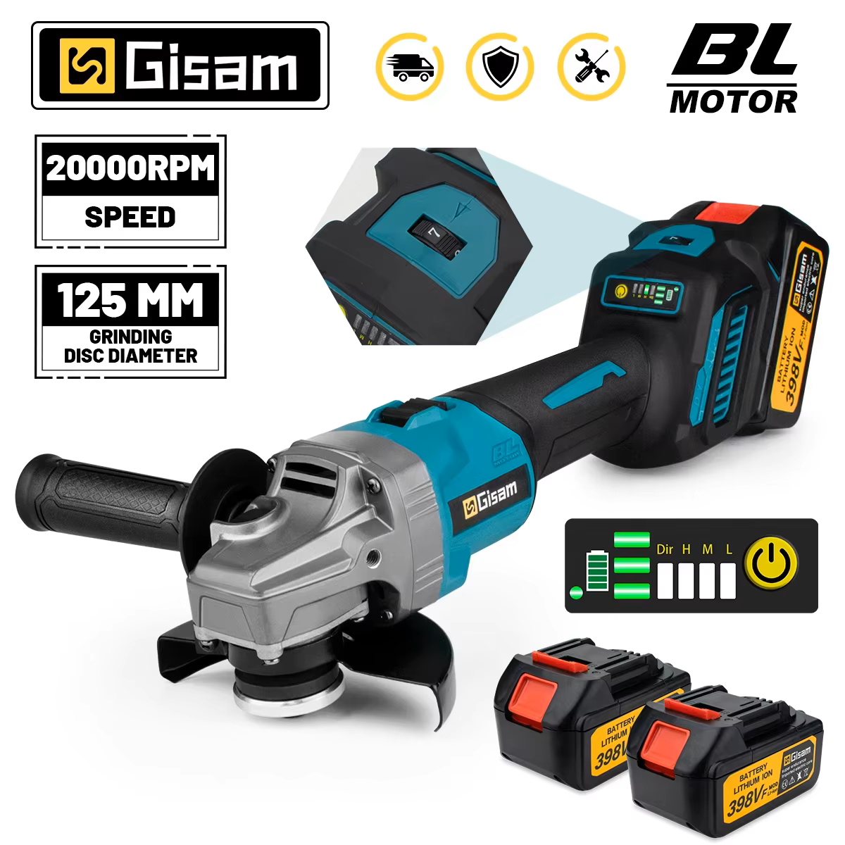 GISAM Bezszczotkowa szlifierka kątowa 125mm, 7 biegów, elektryczna maszyna do polerowania i cięcia, narzędzie kompatybilne z pinami akumulatora Makita 18V